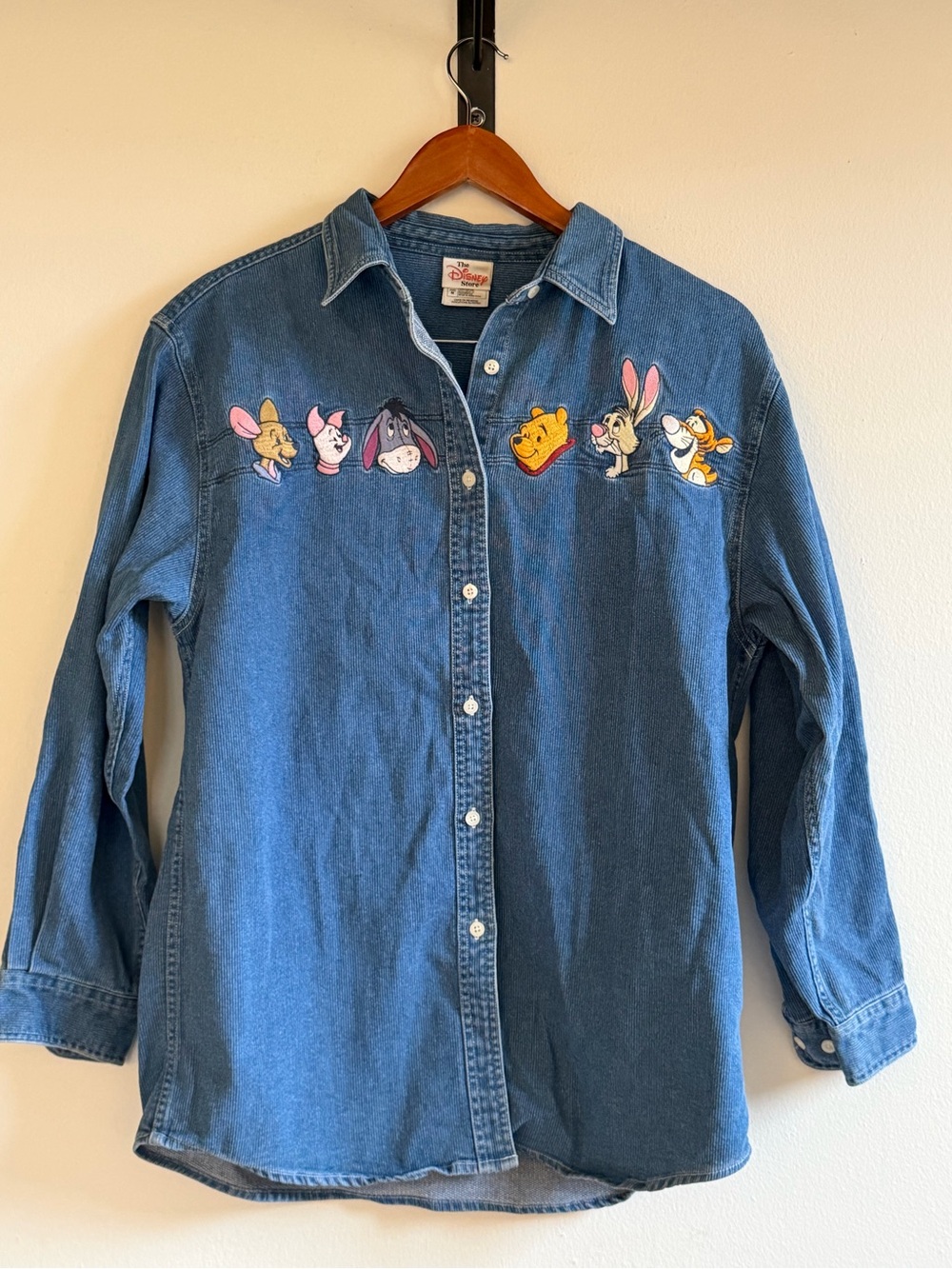 Disney Store Adult Button Up Embroidered Winnie the Pooh Denim Shirt, Medium